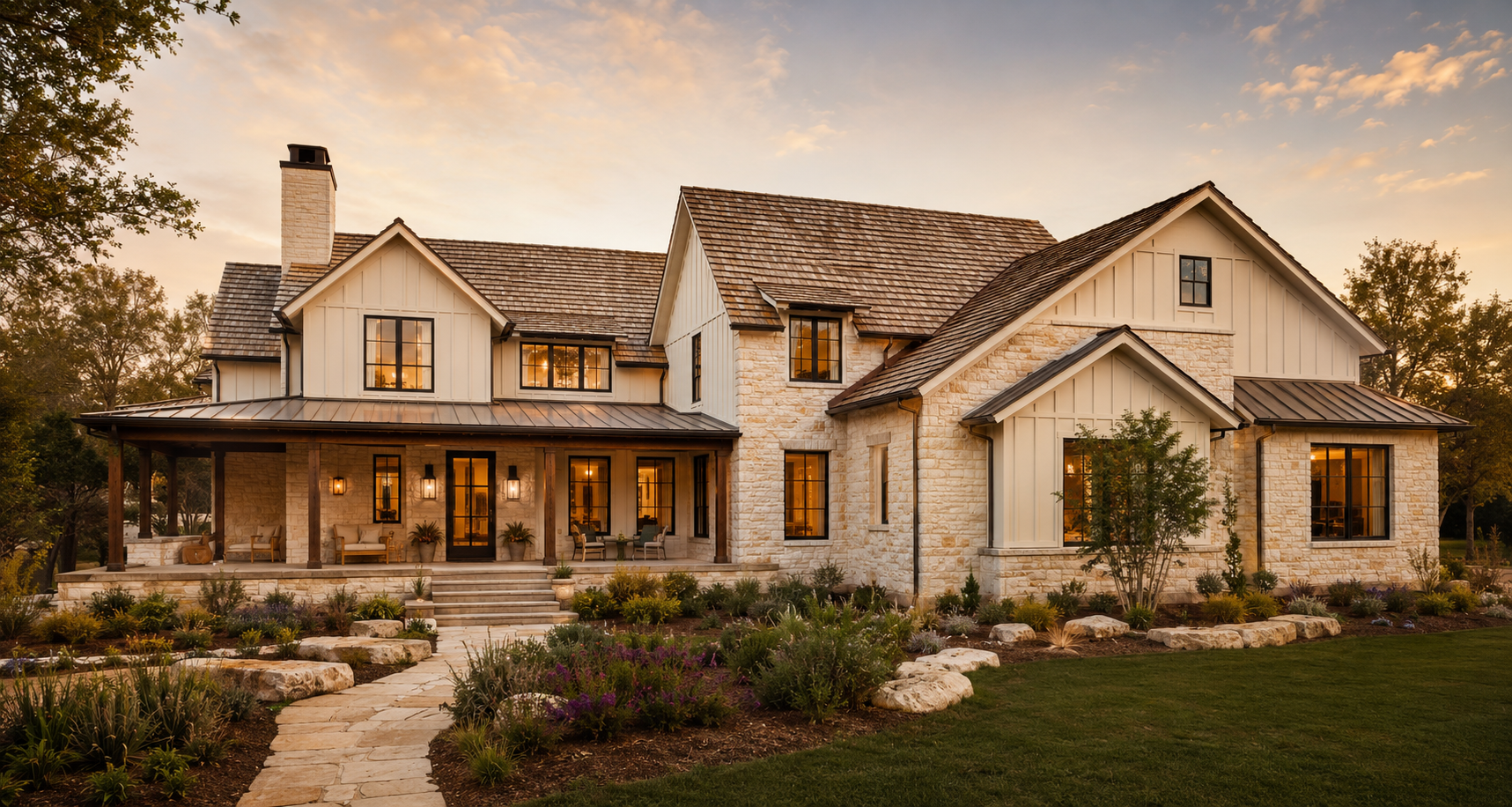Hill Country Transitional custom home concept with cream limestone and warm board-and-batten