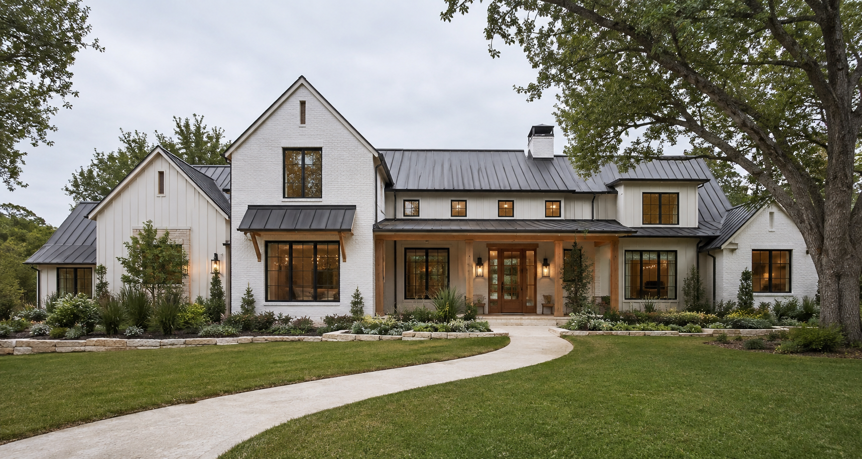 Modern Farmhouse custom home concept with white brick and a natural wood entry